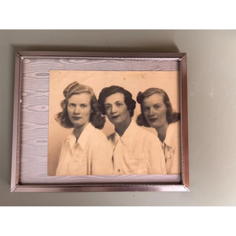 Vintage Metal Photo Frame with Three Women Portrait Table Top Free Standing